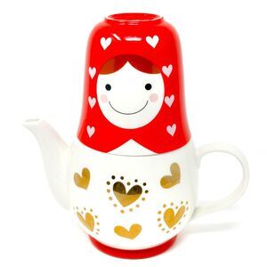 Sunart Stacking Doll Tea Set Matryoshka Russian Pot 2 Cups Red Pink White Japan